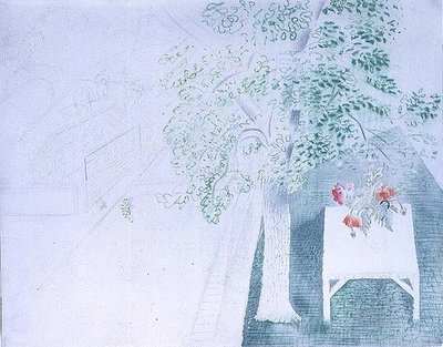 Mákos váza a fa alatt (akvarell) alkotó: Eric Ravilious