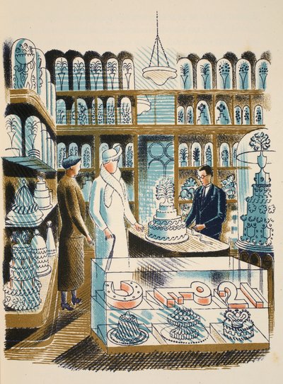 Esküvői torta, illusztráció a High Streetből, J. M. Richards, nyomtatta a Curwen Press, pub. Országélet, 1938 alkotó: Eric Ravilious