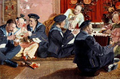 Tengerészek egy kínai házban Erich Eltze (1865-) festménye alapján. századi metszet. Párizs, dekoratív művészet alkotó: Erich Eltze