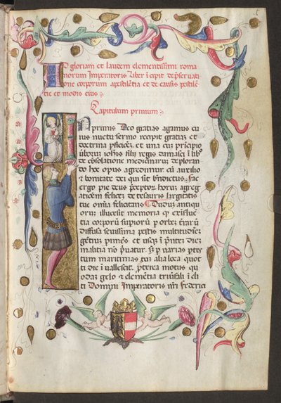 Egész oldal: szöveg, iniciálé és indák, alatta III. Friedrich címerével. alkotó: Erich Lessing