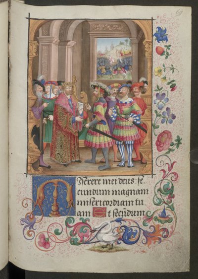 Egész oldal: szöveg miniatúrával, zoomorf iniciáléval és peremdíszítéssel (miniatűr) alkotó: Erich Lessing