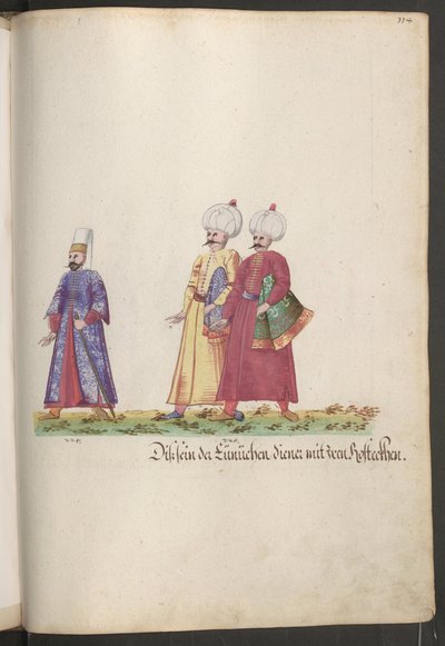 A szultána szertartása: eunuch két szolgával, akik lótakarókat cipelnek. alkotó: Erich Lessing