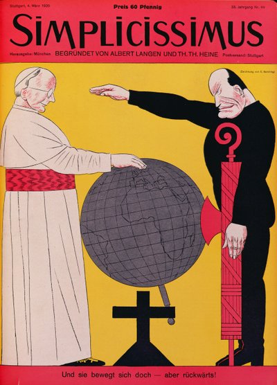 Pius pápa (1857-1939) és Mussolini (1883-1945) az 1929-es lateráni békeszerződés idején, a Simplicissimus magazin címlapillusztrációja, 1929. március 4. (színes litó) alkotó: Erich Schilling