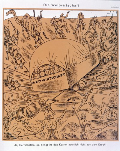 Szatíra a globális gazdaság témájában, Simplicissimus, c. 1930 (litográfia) alkotó: Erich Schilling