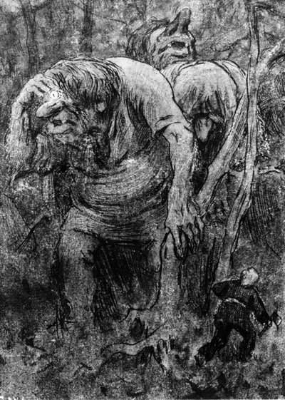 A kisfiúk találkozása a trollokkal a Hedals erdőben (rajz) alkotó: Erik Theodor Werenskiold
