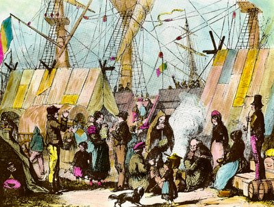 Kivándorlók családjai táboroztak Le Havre kikötőjében. Ernest Charton metsze (1813-1905) Metszet a 19. századi magángyűjteményből alkotó: Ernest Charton