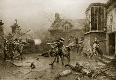 A Lőpor-összeesküvők utolsó standja, 1606, illusztráció a Hutchinson történetéből a brit nemzetről, 1923 körül alkotó: Ernest Crofts