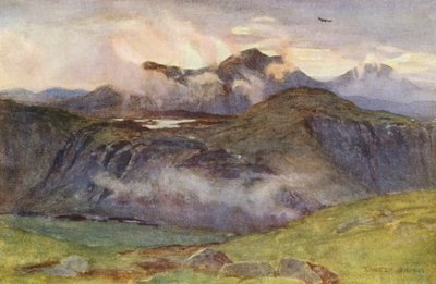 Merrick és a Loch Enoch a Corscrine csúcsáról (színes litográfia) alkotó: Ernest Edward Briggs
