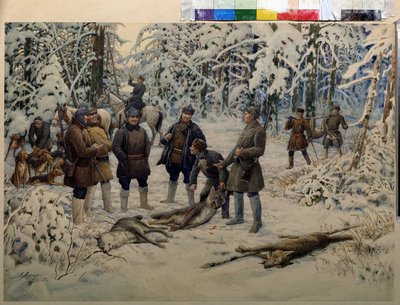 Sikeres vadászat után. Vadászcsoportok gyűjtik össze a vadakat (farkasokat) egy kürtöt fújó lovas jelzésére. Ernest Ernestovich Lissner (1874-1941) festménye, olaj, vászon alkotó: Ernest Ernestovich Lissner