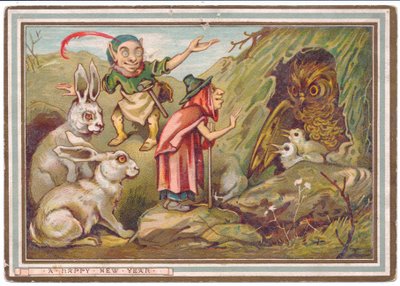 Viktoriánus újévi üdvözlőlap egy idős nőről, aki baglyot köszönt, akit egy törpe és két nyúl néz, 1880 körül alkotó: Ernest Henry Griset