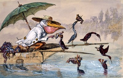 Kormoránok halat ajándékoznak egy pelikánnak esernyő alatti puntban, c1864-1907 alkotó: Ernest Henry Griset