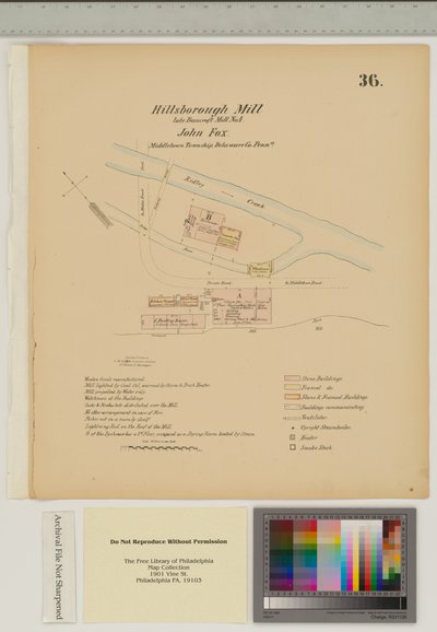A Hillsborough malom terve, Middletown Township, Delware, illusztráció a „Hexamer General Surveys”-ből (toll és tinta mosással papíron) alkotó: Ernest Hexamer
