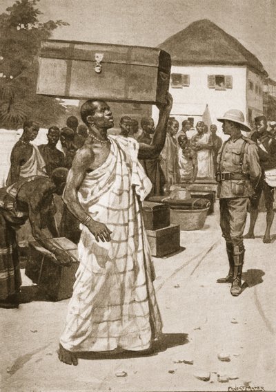 A Cape Coast-i kastélyból induló szállítók Kumassi felé, illusztráció a „Tizenegyedik századi csaták” című kötetből. VII, The Ashanti War of 1900, Archibald Forbes, G.A. Henty és Arthur Griffith őrnagy alkotó: Ernest Prater