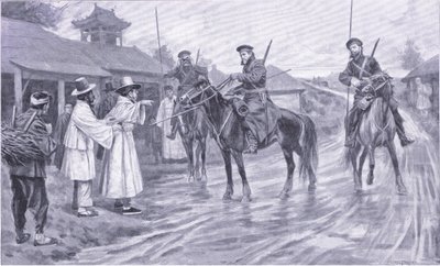 Kozák felderítők információkat gyűjtenek egy koreai fogolytól, illusztráció a Cassells History of the Orosz-Japán háború 1. kötetéből, 1900 körül alkotó: Ernest Prater