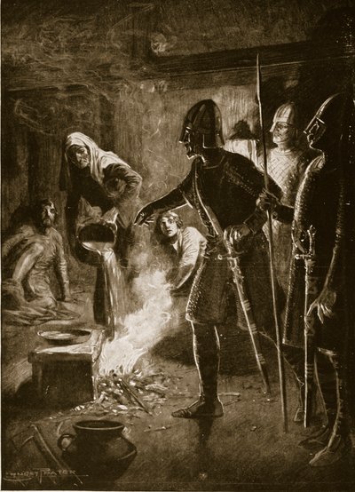 Kijárási tilalom, illusztráció a „Hutchinson története a brit nemzetről”, 1920 körül alkotó: Ernest Prater