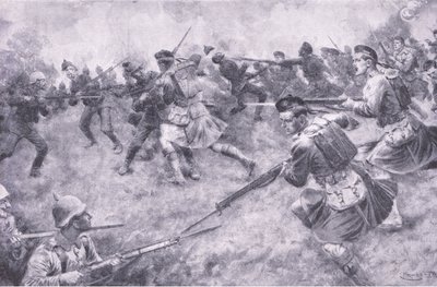 A londoni skótok gáláns vádja, a History of the Great War 3. kötetéből, amelyet a Waverley Book Co Limited adott ki, 1920 körül alkotó: Ernest Prater