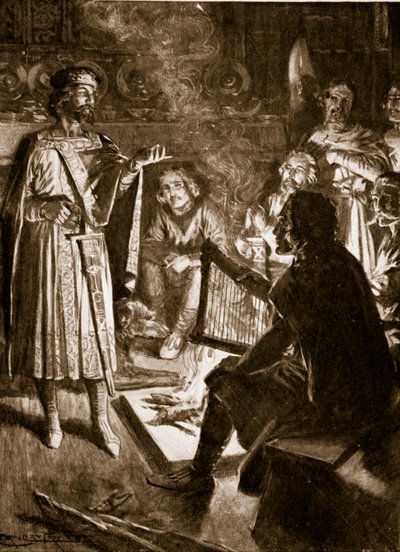 Kanute király és a költő, illusztráció a „Hutchinson története a brit nemzetről”, 1920 körül alkotó: Ernest Prater