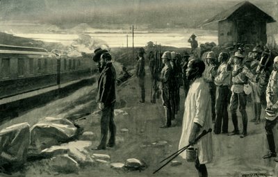 "A vonat, amely Mr. Rhodes földi maradványait szállítja, és a blokkház őrei tisztelegtek", 1902. alkotó: Ernest Prater