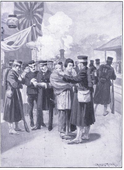 Csapatok elhagyják Tokiót, illusztráció a Cassells Az orosz-japán háború története, 1. kötet, 1900 körül alkotó: Ernest Prater