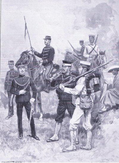 Japán katonák típusai, illusztráció: Cassells Az orosz-japán háború története, 1. kötet, 1900 körül alkotó: Ernest Prater