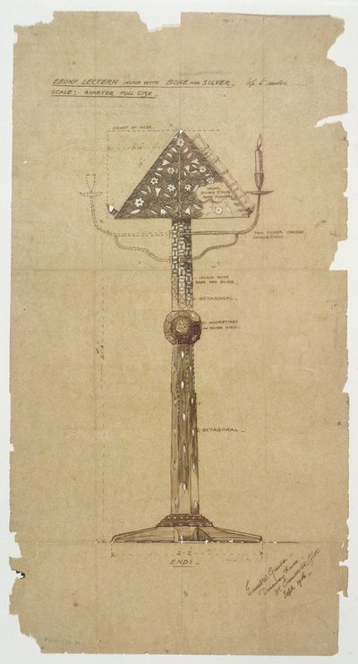 Ebony Lectern dizájn csonttal és ezüsttel kirakott St. Andrews Church számára, Roker 1906 (toll és tinta papíron) alkotó: Ernest William Gimson