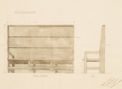 Design for Settle in English Oak, 1909 (toll wc-vel papíron) alkotó: Ernest William Gimson