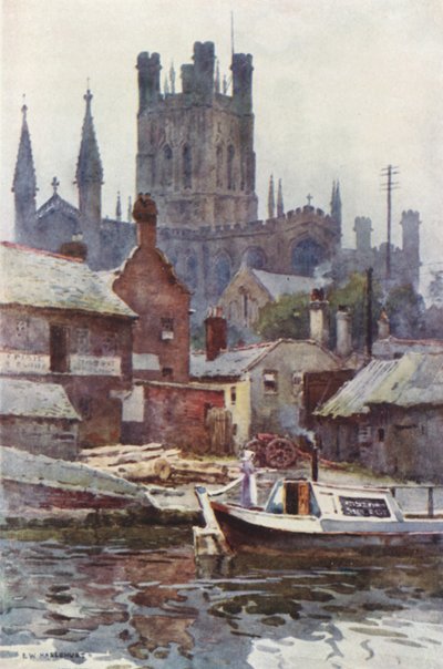 Chesteri katedrális a csatornától (színes litó) alkotó: Ernest William Haslehust