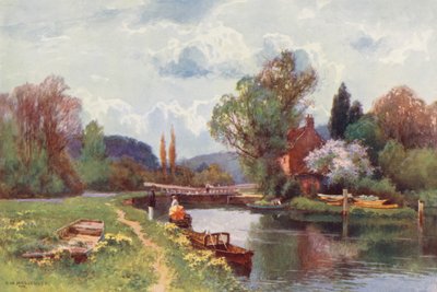 Temze folyó: Hurley Lock (színes litográfia) alkotó: Ernest William Haslehust