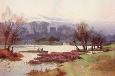 Temze folyó: Sutton Courtney Weirs (színes litográfia) alkotó: Ernest William Haslehust