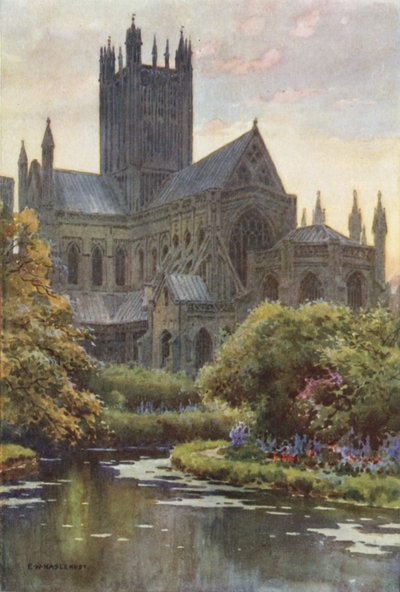 Wells-i katedrális a forrásokból (színes litó) alkotó: Ernest William Haslehust