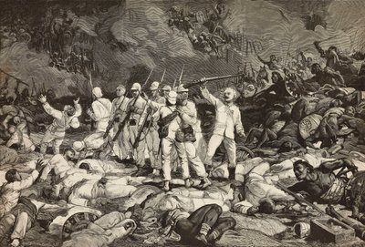 Dogali csata, az utolsó túlélők fegyvert mutatnak be, tisztelegnek az elesetteknek, Eritreai háború, Ernesto Mancastroppa és Cantagalli metszet Ludovico Pogliaghi rajzából és kompozíciójából, a L