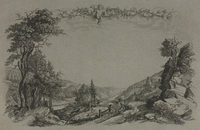 Hat nézet a heidelbergi kastélyról: borító, vadászjelenet, 1820. alkotó: Ernst Fries