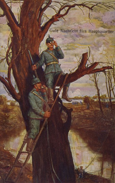 Jó hír a főhadiszállásnak, német katonák megfigyelik a csatateret, és helyszíni telefonon jelentkeznek a parancsnokságnak, I. világháború, 1915 alkotó: Ernst Heilemann