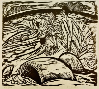 Fürdőzők, csobbanás alkotó: Ernst Ludwig Kirchner