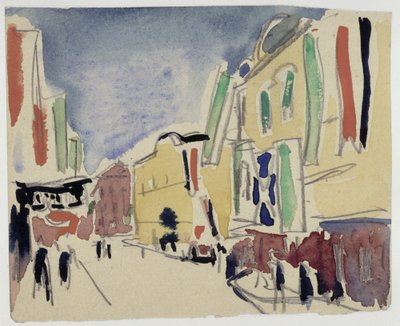 Zászlóval díszített házak a drezdai Schloßstraße-n alkotó: Ernst Ludwig Kirchner