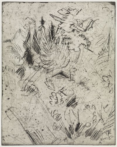 Hegyoldal kunyhókkal és fenyőkkel / Meztelen lány fiatal macskákkal alkotó: Ernst Ludwig Kirchner