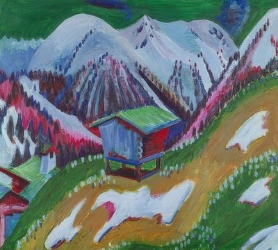 Hegyi táj alpesi kunyhóval. 1922 körül alkotó: Ernst Ludwig Kirchner