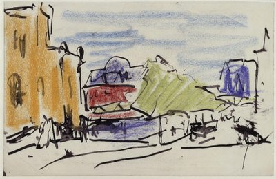Folyóparti táj házakkal és gyalogoshíddal alkotó: Ernst Ludwig Kirchner
