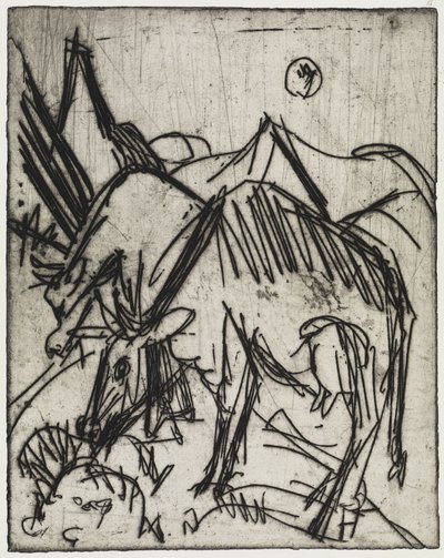 A holdfényben legelésző tehenek / Két fiú, akik macskával játszanak alkotó: Ernst Ludwig Kirchner