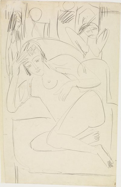 Fotelben kuporgó női akt, fából készült figurákkal alkotó: Ernst Ludwig Kirchner