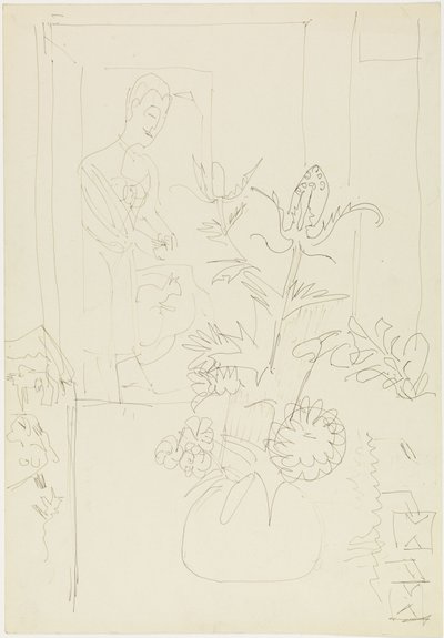 Belső tér virágvázával, nővel és macskával alkotó: Ernst Ludwig Kirchner