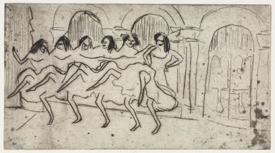 Párnákon fekvő Lotte/Hat táncosnő íves díszlet előtt - Angol együttes alkotó: Ernst Ludwig Kirchner