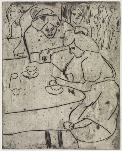 Lányok, akik egy másik lány hasát dörzsölik/Lányok a kávéasztalnál alkotó: Ernst Ludwig Kirchner