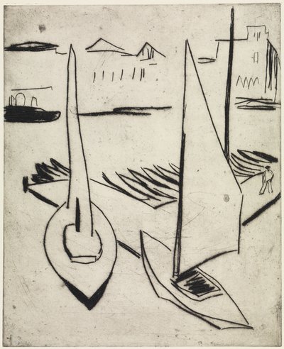 Vitorláshajó-kikötő az Alsteren, Hamburg / Obeliszkekkel szegélyezett utca, Drezda alkotó: Ernst Ludwig Kirchner