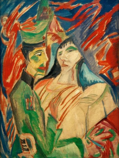 Katona és lány színes függönyök között alkotó: Ernst Ludwig Kirchner