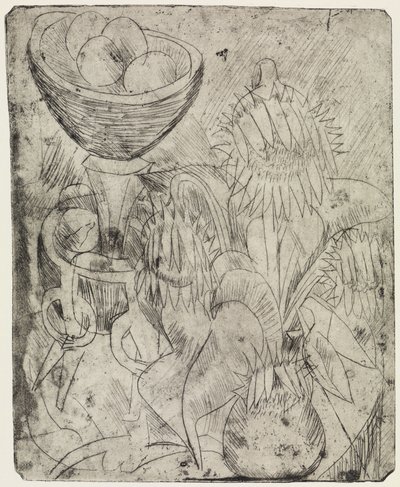 Csendélet napraforgókkal és gyümölcsöstállal / Járókelők tömege és villamos alkotó: Ernst Ludwig Kirchner