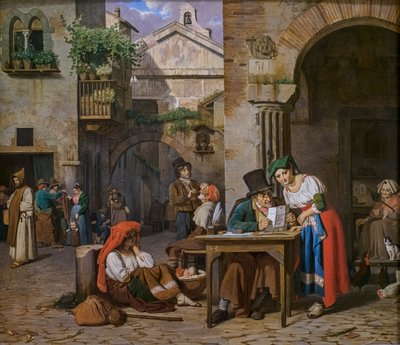 Egy római írnok felolvas egy levelet egy fiatal nőnek alkotó: Ernst Meyer