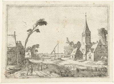 Kilátás a falura farmokkal, templommal és kúttal Tájképek (sorozat címe) alkotó: Esaias van de Velde