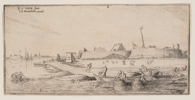 Halászok csónakban egy fallal körülvett város előtt, a Landscapes-ból alkotó: Esaias van de Velde