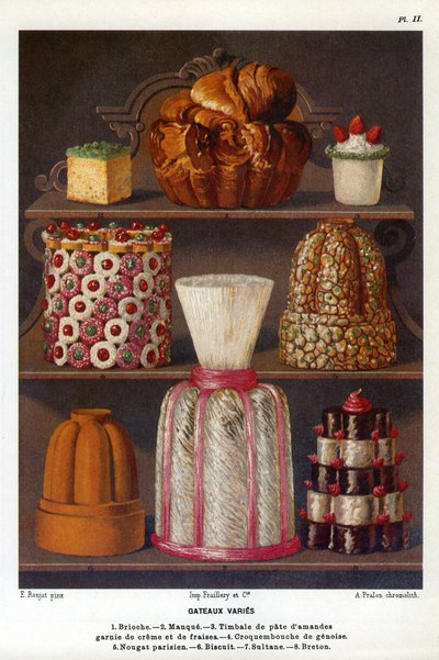 A sütemények változatosak: briós, hiány, mandulapaszta timpánok tejszínnel és eperrel, croquenbouche de genoise, párizsi nugát, keksz, szultán, breton – Jules Gouffe cukrászatának 2. tányérja, Jockey-Club de bouche tisztje Párizs (fej alkotó: Etienne (after) Ronjat
